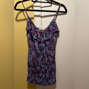TESTAMENT BANDED BOTTOM TANK W/RUFFLE DOWN FRONT (M)- pink, blue & purple print
